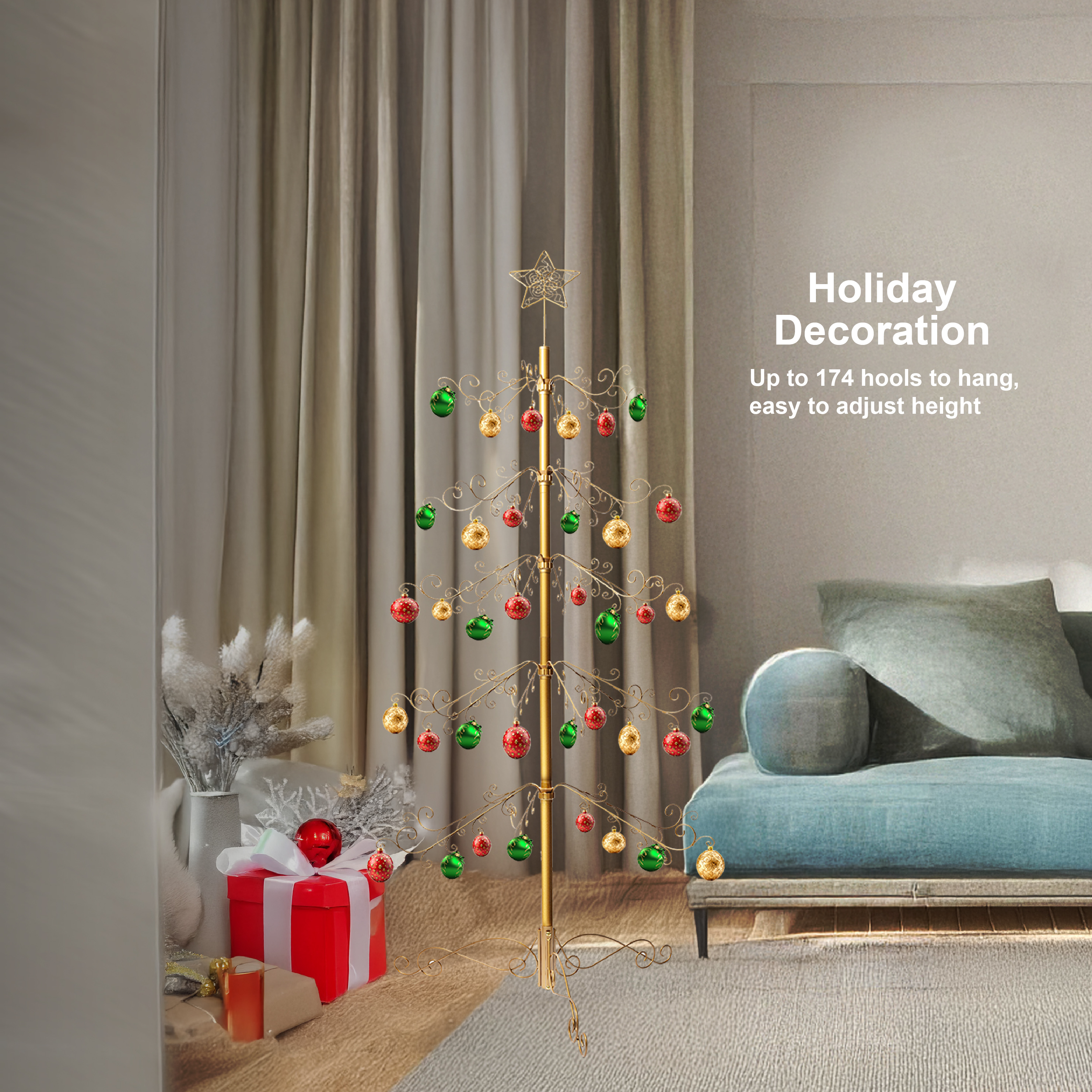 HOHIYA  6.5 Feet Wrought Iron Christmas Tree Alternative Metal Ornament Display Stand with 174 Hooks Extra Large Floor Standing ECO Xmas Tree for Keepsake Collections Gold